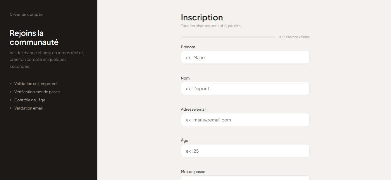 Formulaire d'inscription avec validation complète
